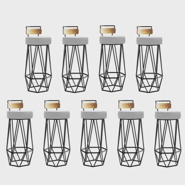 Imagem de Kit 09 Banqueta Com Encosto Botti Hexágono Cozinha Peroba Rosa Ferro Preto Corino Branco - Ahz Móveis