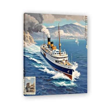 Imagem de Quadro náutico textura navio pintura vintage italiano navio a vapor impressão em tela - carimbo de papel envelhecido 80 x 104 cm