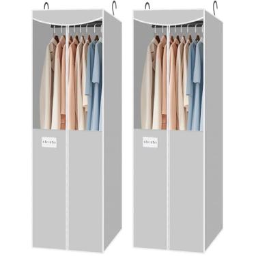 Imagem de STO Pacote Com 2 Bolsas Para Roupas Penduradas No Armário, Capa Haste De Aço Embutida, Bolsa Guardar Guarda-Roupas Pendurados Ternos, Vestidos Janela Transparente, Zíper, Identificação, Cinza