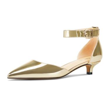 Imagem de Aachcol Sandália feminina de salto baixo com tira no tornozelo, bico fino, sapatos sociais, festa, escritório, casamento, 3,8 cm, Dourado, 36