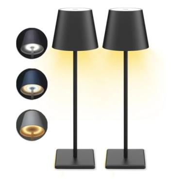 Imagem de Luminária Abajur LED de Mesa, Kit 2 Peças, Touch Dimerizável, 3 Temperaturas de Cor, Recarregável, Sem Fio, Preto