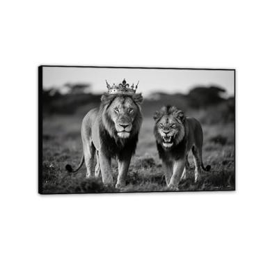 Imagem de Arte de parede de leão preto e branco rei e rainha leoa decoração de parede imagem coroa animal selvagem casal impressões prontas para pendurar 75 x 50 cm (30 x 20 pol) moldura preta