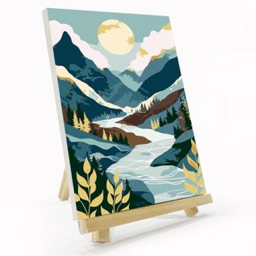 Imagem de JOOZ Kit de pintura de montanha por números para adultos com moldura, pintura de lua por número com cavalete, kit de pintura a óleo de paisagem acrílica fácil DIY tela emoldurada para decoração de