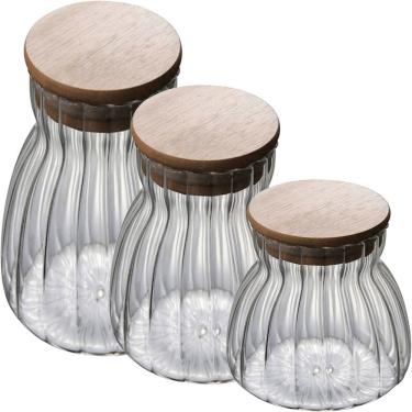 Imagem de Kit 3 Pote Hermético De Vidro Com Tampa Bambu 450ml 700ml 1L