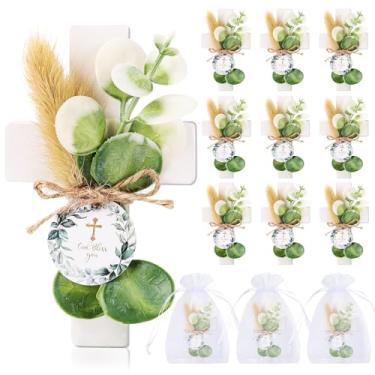 Imagem de 12 conjuntos de lembrancinhas de festa de batismo para convidados de primeira comunhão, ímã de batismo de cruz de madeira com flores para festa de chá de bebê Bless, presente de batismo, revelação de