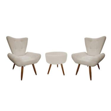 Imagem de Kit 2 Poltronas Decorativa Emilia + Puff Redondo Suede Bege Pés Madeir