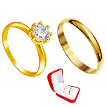 Imagem de Anel Noivado Ouro 18k 2mm + Anel Solitario 2mm Ouro 18k Pedra Branca -