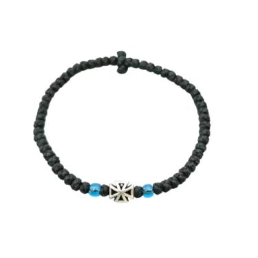 Imagem de Corda de oração encerada ortodoxa cristã grega abençoada feita à mão do Monte Athos (Komboskoini Chotki) Preto fino com cruz e contas Fragrância com Sagrado (Crismo - Mirra), ajustável, sem pedra