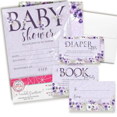 Imagem de Amanda Creation Convites de chá de bebê para meninas – Pacote de convite floral para chá de bebê com ingressos de sorteio de fraldas, cartões de solicitação de livro e envelopes. Conjunto de 20