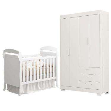 Imagem de Kit Berço Americano Danny e Guarda Roupa Infantil Zaki em MDF Branco para Quarto de Bebê