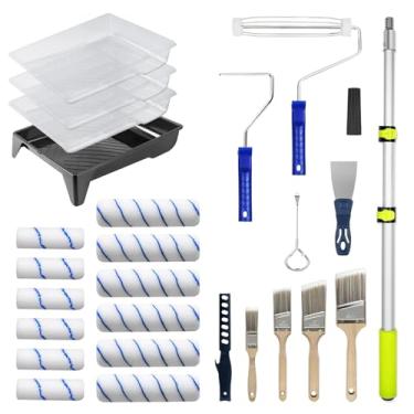 Imagem de Kit de rolo de pintura de 27 peças com haste de extensão, poste de 6 a 10 m, rolos de pintura de 10 cm de 9 cm, conjunto de pincéis de pintura para pintura profissional, rolo de pintura doméstica para