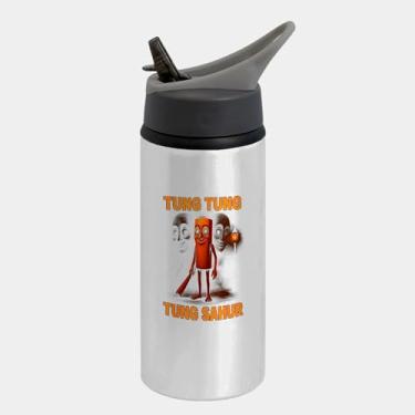 Imagem de Garrafa Squeeze Bico Prateada Premium 600ml - Tung Tung Tung Sahur Brainrot Meme