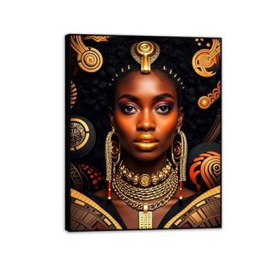 Imagem de Arte de parede em tela afro-americana preta e dourada emoldurada pintura de retrato de mulheres com moldura dourada impressão abstrata de menina negra decoração de parede arte africana 90 x 70 cm (36