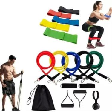 Imagem de Kit Elásticos de Resistência com 5 Extensores + 5 Mini Bands – Treino Completo para Musculação, Pilates, Yoga, Fisioterapia e Reabilitação + Bolsa de Transporte