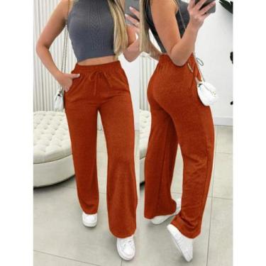 Imagem de Calça pantalona de lazinho feminina cintura alta com bolso pra inverno