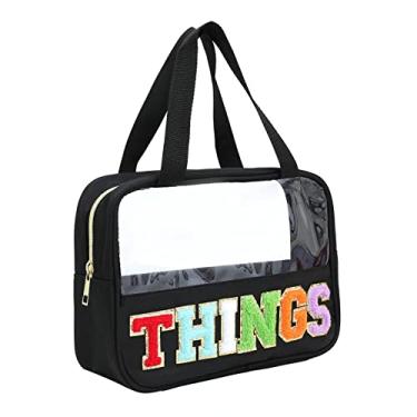 Imagem de Bolsa transparente com patch de letras de chenille, bolsa de maquiagem transparente de PVC e nylon com alças, grande bolsa de viagem para maquiagem, necessaire com zíper, bolsa feminina, Preto - Things, Preppy