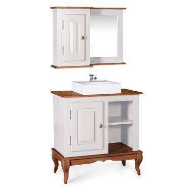 Imagem de Gabinete para Banheiro com Cuba e Armário Espelheira Dália 3051 - Off White/Imbuia Glazer