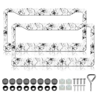 Imagem de Moldura de placa de licença de flor - 2 peças personalizadas Blace branco flor floral alumínio metal suporte de placa de licença, à prova de ferrugem, à prova de ferrugem, molduras decorativas para