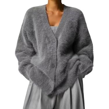 Imagem de Suéter Feminino De Mohair Felpudo Com Botões E Decote Em V Manga Longa De Malha Casual Leve Cardigan, 3, S