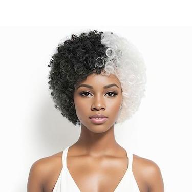 Imagem de AICKER Peruca Sintética Afro Curta Metade Preta e Branca para Mulheres Anime Cosplay Festa Natal Halloween Fancy Funny Wigs (encaracolado (preto e branco))