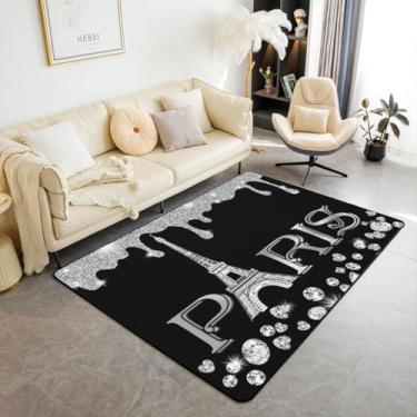 Imagem de Erosebridal Tapete de área da Torre Eiffel 3x5 para crianças meninos meninas, preto e branco Bling Bling Sparkles Tapete sem queda, tapete de corredor de área de diamante gradiente, tapetes femininos de lantejoulas para sala de estar
