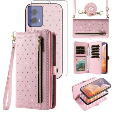Imagem de Capa de celular para Motorola Moto G85 5G Carteira com zíper destacável com protetor de tela de vidro temperado, alça transversal com cordão com glitter, flip e compartimentos para cartão de crédito G