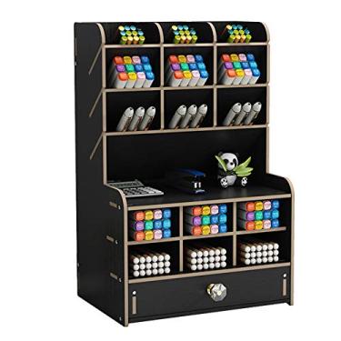 Imagem de Organizador de mesa de madeira com gaveta, porta-canetas faça você mesmo de grande capacidade, caixa de armazenamento de papelaria, organizador de canetas para escritório, casa e material escolar (B16