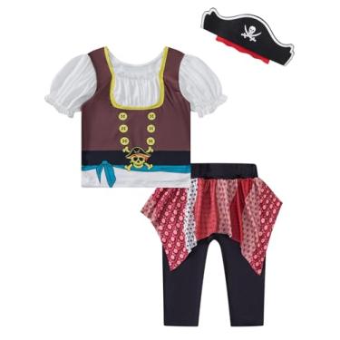 Imagem de Auggle 3 peças de roupas infantis para meninas, saia listrada, fantasia de Halloween, pirata, manga curta com lenço de cabeça (branco, 3T)