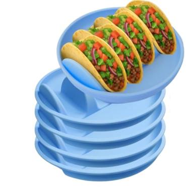Imagem de bangminda Conjunto de 5 placas de suporte de taco de silicone, suporte de taco com 4 compartimentos, suporte reutilizável de 24,8 cm, pratos de servir, pode ir à lava-louças e ao micro-ondas