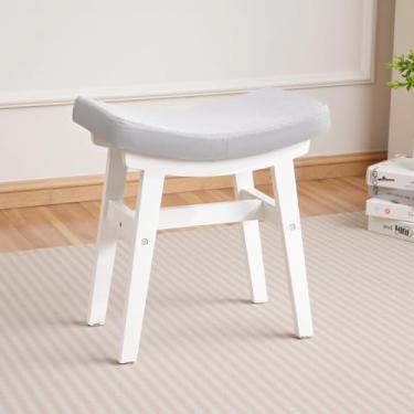 Imagem de COSTASKF Banqueta com almofada de sela, pequena cadeira de maquiagem de madeira maciça com assento de esponja de alto rebote, apoio para pés de fácil montagem para quarto, banheiro, entrada, cinza