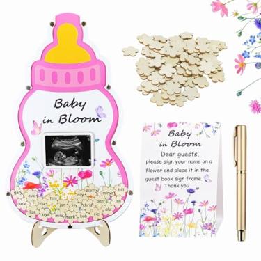 Imagem de JZLiner Livro de visitas Baby in Bloom, design de garrafa de leite para chá de bebê, floral rosa, 24 x 39,9 cm