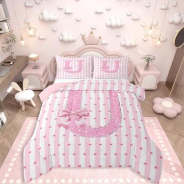 Imagem de Erosebridal Conjunto de edredom com laço rosa, monograma, tamanho casal, 3 peças, para crianças, meninas, adolescentes, adultos, edredom kawaii, princesa, sonhador