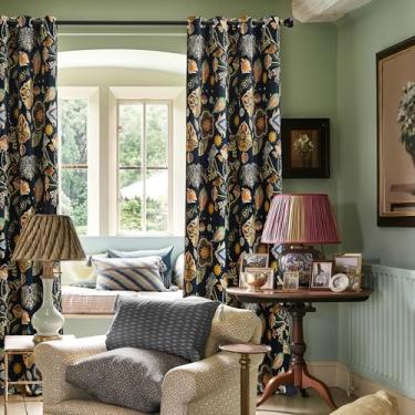 Imagem de Cortinas elegantes e luxuosas pretas com 2 painéis para sala de estar, 100% blecaute, azul marinho, floral, vintage, estampa de meados do século, estampada, 2,5 m, comprimento do pé ao teto, cortinas