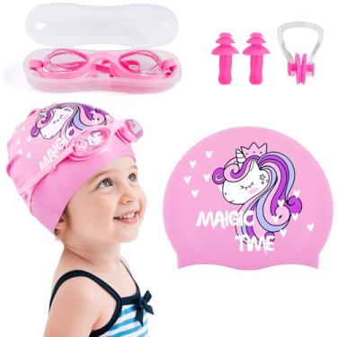 Imagem de Loccmat Toucas de natação infantis para meninas, touca de natação de silicone com óculos, touca de banho à prova d'água, mantém o cabelo seco, toucas de natação confortáveis para crianças pequenas