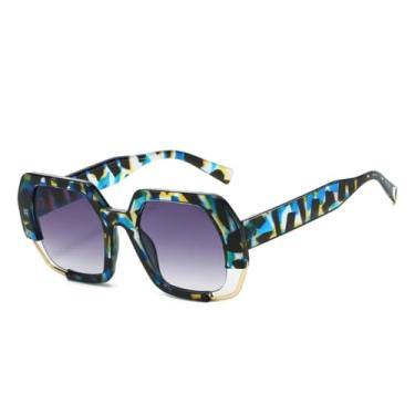 Imagem de HCHES Óculos de sol Polygon femininos, modernos, com lentes degradê UV400, masculino, armação transparente (azul, padrão cinza)