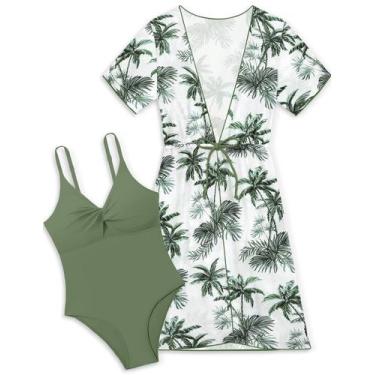 Imagem de Roupa de banho KANGKANG Girls One Piece verde com capa tamanho 11-12