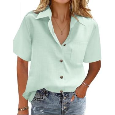 Imagem de Camisa feminina HOTOUCH de linho com botões, manga curta, verde claro