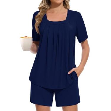 Imagem de Conjunto de pijamas femininos Tencede Lounge, azul marinho, rayon
