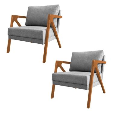 Imagem de Kit 2 Poltronas Mona Monique Luxo Base Madeira Maciça Cerejeira Linho Cinza