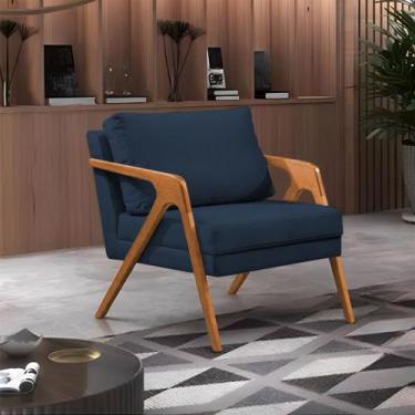 Imagem de Poltrona Decorativa Mona Luxo Base Madeira Maciça Veludo Azul - FEITO 
