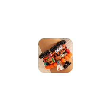 Imagem de VIYPDRST Pulseiras de Halloween com contas para mulheres, boo, abóbora, caveiras, fantasmas, conjunto de pulseiras empilháveis de Halloween, bijuterias góticas, One Size, Liga metálica, Sem Pedra