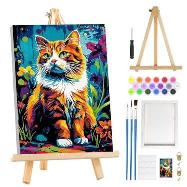 Imagem de MOGTAA Kit de pintura de gato por números para adultos iniciantes com moldura, kits de pintura de paisagem adulto por números em tela com cavalete, kits de pintura a óleo de animais fáceis de fazer