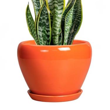 Imagem de Ceramicfor Vaso de plantas de 20 cm - Vaso de cerâmica para plantas ao ar livre, vaso de plantas de interior com orifício de drenagem e pires, vaso de flores redondo de meados do século para jardim