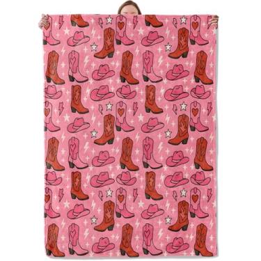 Imagem de Cobertor de vaqueira presentes para mulheres meninas crianças, botas e chapéus de cowboy ocidentais rosa quente e macio de flanela para quarto, sala de estar, casa, sofá, decoração de acampamento, 127