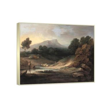 Imagem de Famosa pintura de arte de parede - (pastor e rebanho) de Thomas Gainsborough - Reproduções impressas em tela - imagens para decoração de sala de estar (40 x 50 cm (15,8 x 19,7 pol)/molduras champanhe)