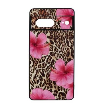 Imagem de qizjio Capa de telefone com estampa de leopardo estética – flor de hibisco rosa estilo anos 2000, capa protetora com padrão de chita fofa para Google Pixel 7