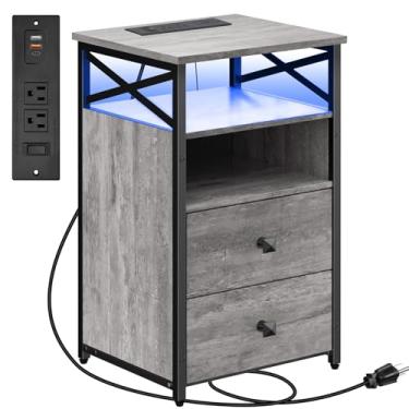 Imagem de Livofloral Mesa de cabeceira de LED com estação de carregamento e gavetas de madeira, mesas laterais, sala de estar com tomadas, mesa de canto de fazenda com armazenamento, mesa de cabeceira para