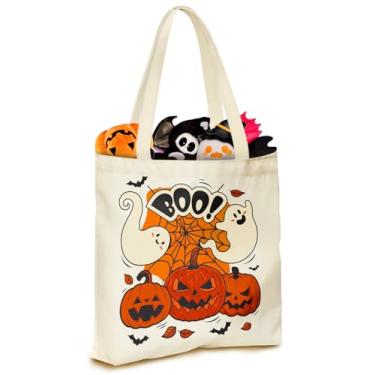 Imagem de JMHACHY Sacola de Halloween – Linda Boo Fantasma Abóbora Teia de Aranha Gráfica Bolsas de Lona para Crianças Meninos Meninas Adolescentes, Sacolas Reutilizáveis Grandes Impressas Dupla Face com Alças