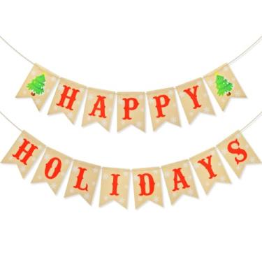 Imagem de Faixa rústica de serapilheira Happy Holidays – Guirlanda de Natal com letras vermelhas e detalhes de árvore – Guirlanda de papel Kraft pré-amarrada para lareira, entrada e decoração sazonal