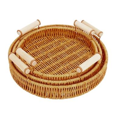 Imagem de MAVIS LAVEN 3 Peças de Bandejas Redondas de Servir Trançadas, Cesta de Servir Frutas Cesta de Pão Bandeja de Servir Com Alças de Madeira para Mesa de Jantar Mesa de café Decoração para Casa